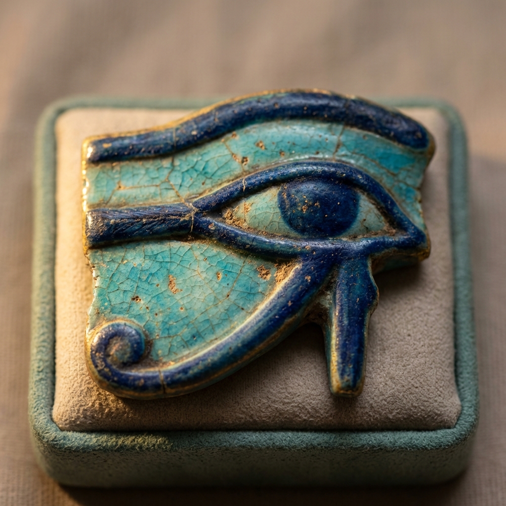 Close up of a faience eye of horus jewelry fragment showing the eyebrow and tear line under raking light on a soft beige background