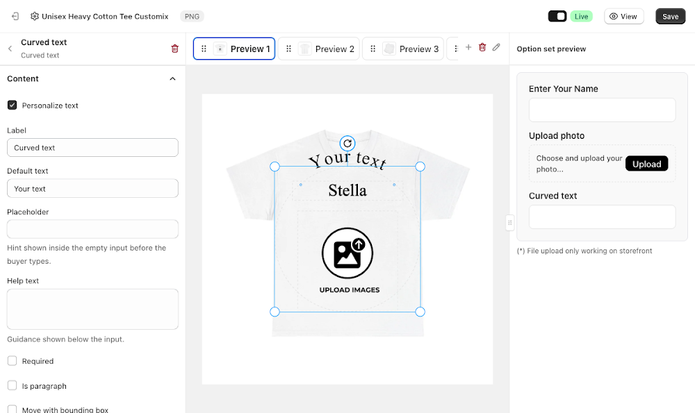 Content panel with Personalize text, Label, Default text, Placeholder, Help text, Required, Is paragraph, and Move with bounding box fields