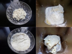 Men bánh: hòa 1g men nở với nước rồi cho vào âu có 50g bột mì, trộn đều, bọc lại bằng màng bọc thực phẩm và để bột nở, nổi nhiều bọt. Trong một âu lớn khác cho 200g bột mì, trứng gà, 75ml sữa tươi, đường, muối, sữa bột vào trộn thât đều sau đó cho bơ lạt, hỗn hợp men vào tiếp tục trộn đến khi thành khối bột mịn, mượt.