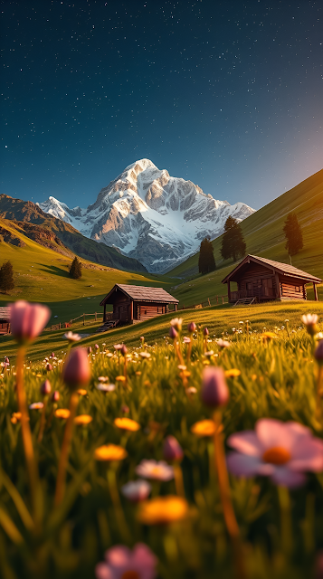 Starry Night Over Alpine Meadow and Snowcapped Peaks - Free mobile Wallpaper