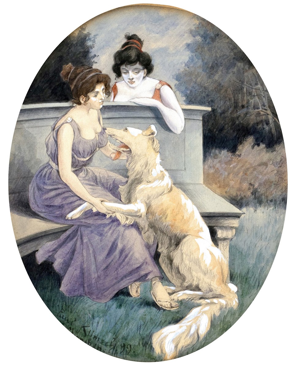Zwei Damen mit Windhund auf einer Parkbank 1899
