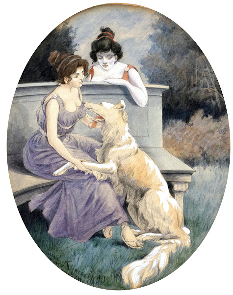 Zwei Damen mit Windhund auf einer Parkbank 1899