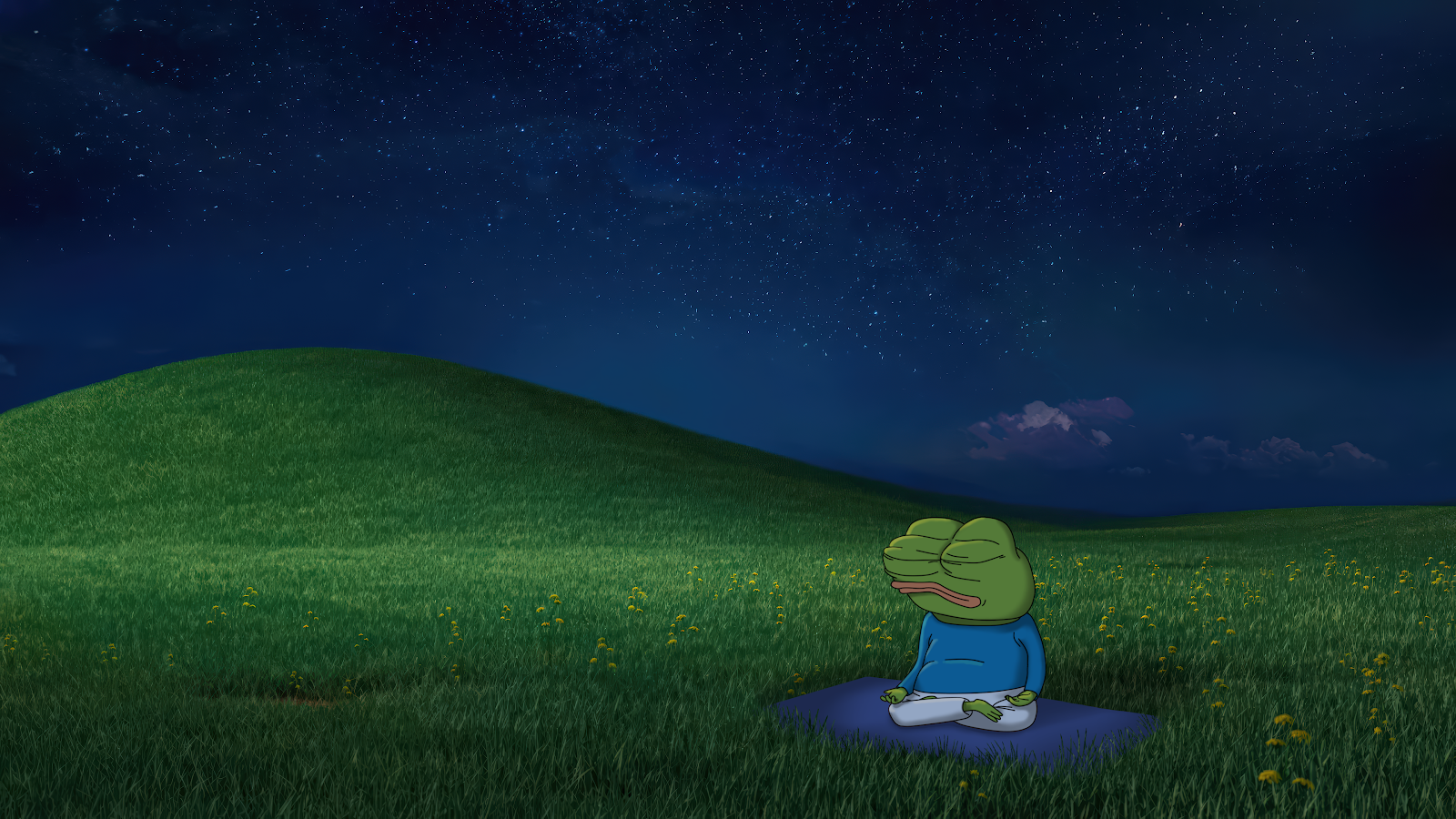 Pepe The Frog Meditating At Night - Digital Meme Art 4K Wallpaper (3840x2160)