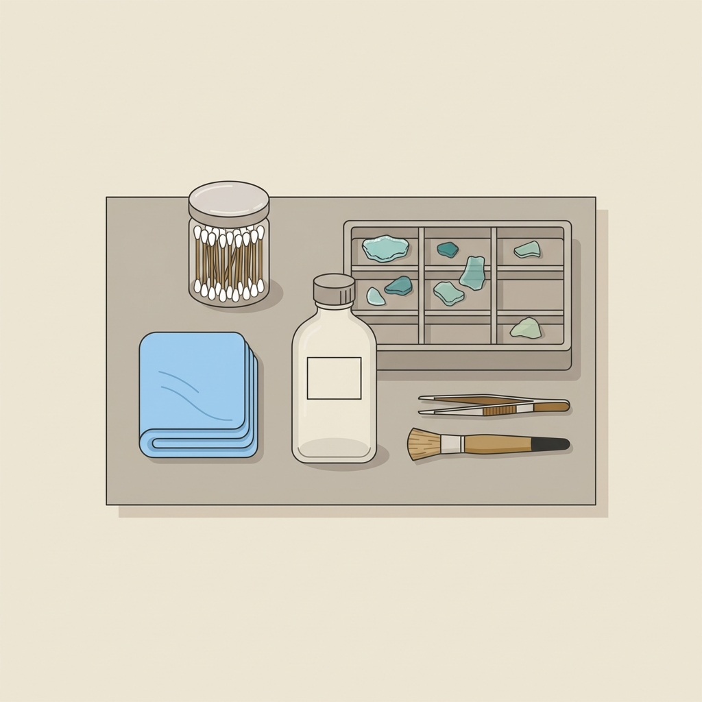 Minimalist 2D vector illustration of a conservator workspace with gloves cotton swabs distilled water bottle and an unmarked jewelry tray holding roman glass jewelry fragments on a pale beige background