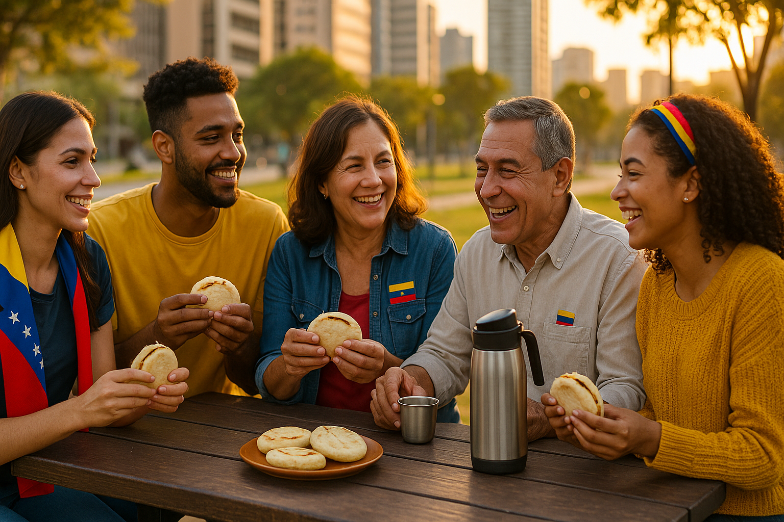 Venezolanos compartiendo arepas en un parque urbano, sonriendo y conversando