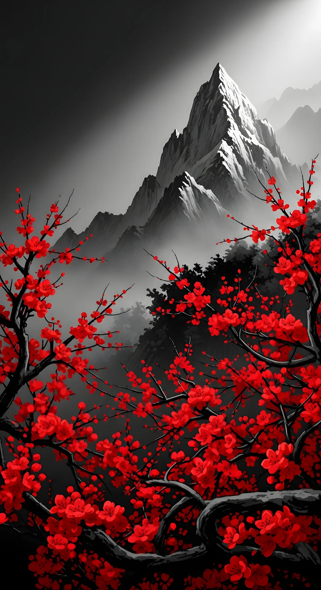 Dramatic Red Blossoms Against a Dark, Moody Snowy Mountain Landscape Illustration - Free 4K mobile Wallpaper