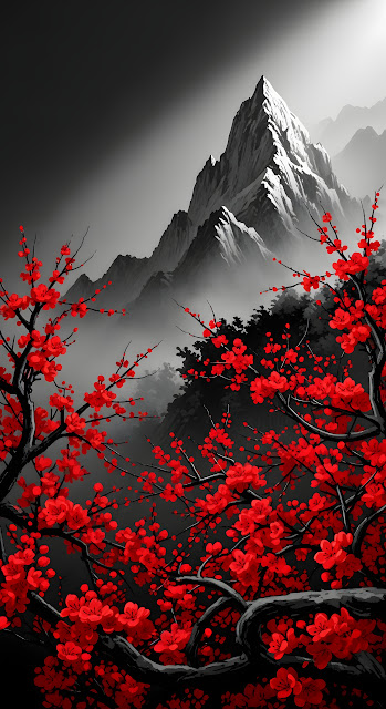 Dramatic Red Blossoms Against a Dark, Moody Snowy Mountain Landscape Illustration - Free mobile Wallpaper