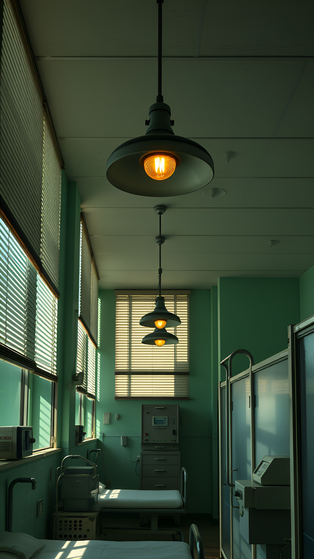 Vintage Hospital Room Interior with Mint Green Walls and Blinds - Free 4K mobile Wallpaper