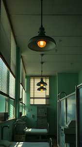 Vintage Hospital Room Interior with Mint Green Walls and Blinds