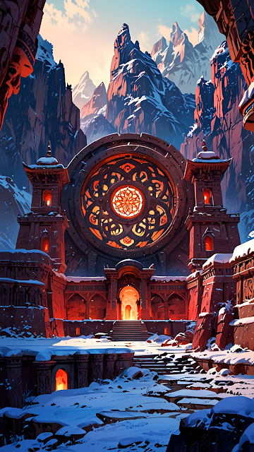 Snow-Covered Fantasy Temple with Glowing Rose Window - Free mobile Wallpaper