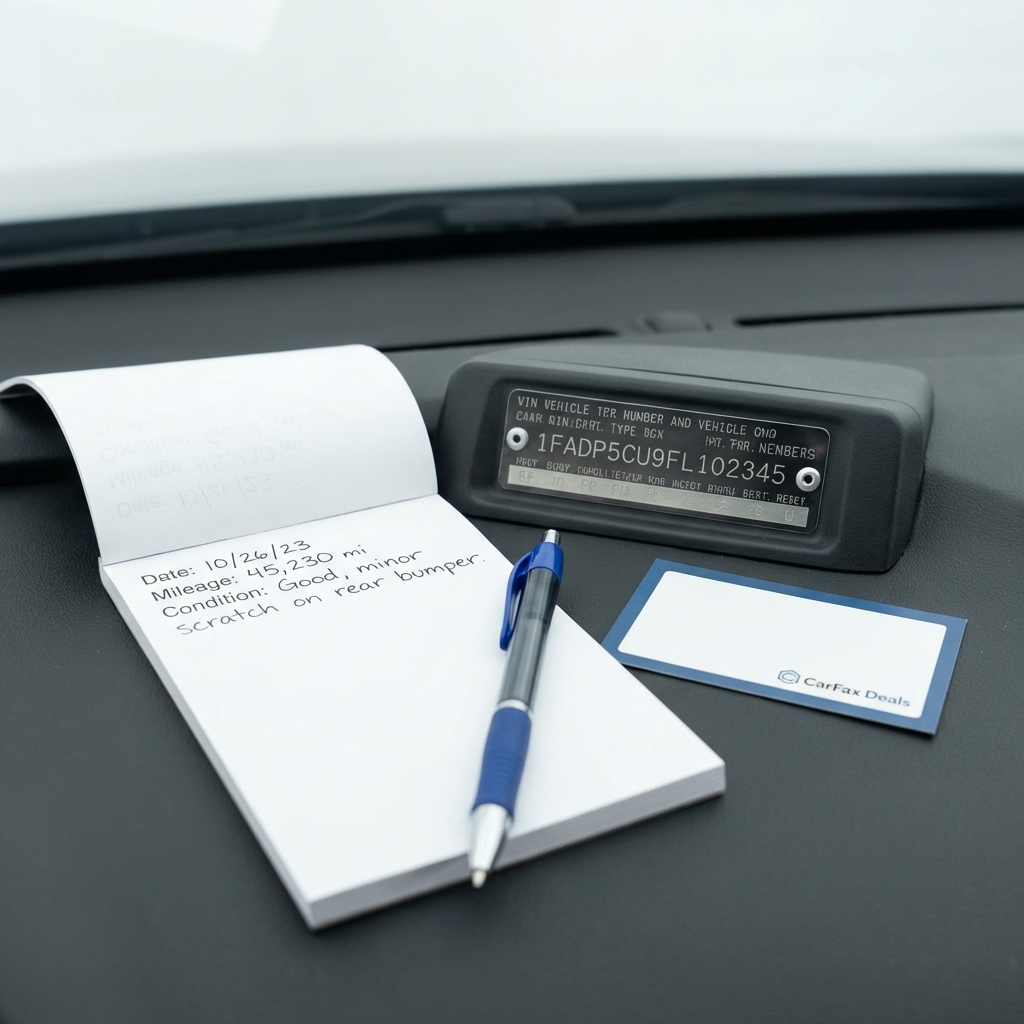 Close up of dashboard VIN plate and notepad checklist showing mileage and condition notes for car value estimator, minimalist white background and subtle blue accents