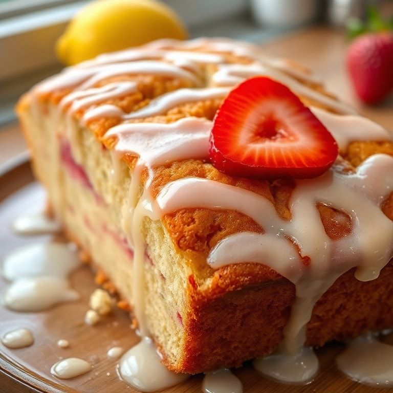 Moist Strawberry Lemonade Bread with Tangy Lemon Glaze - Homemade Sweet Breakfast finished