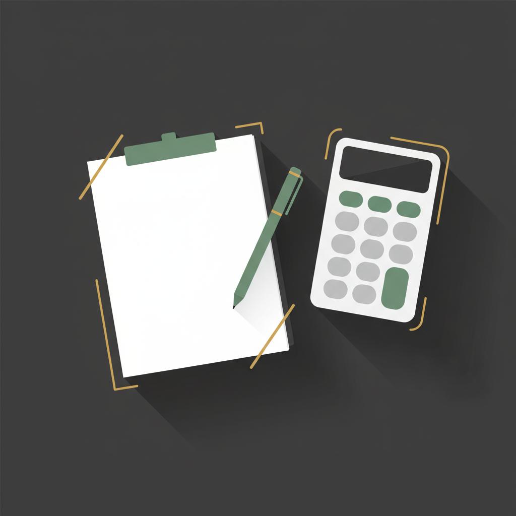 Minimalist 2D vector of a blank notepad a pen and a small calculator on a black surface using Finance Police colors to illustrate start trading with $500