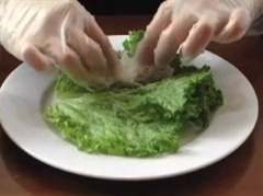 Đặt lá xà lách lên đĩa, cho vào bún, lá bạc hà, cà rốt, tôm, cuộn lại.
