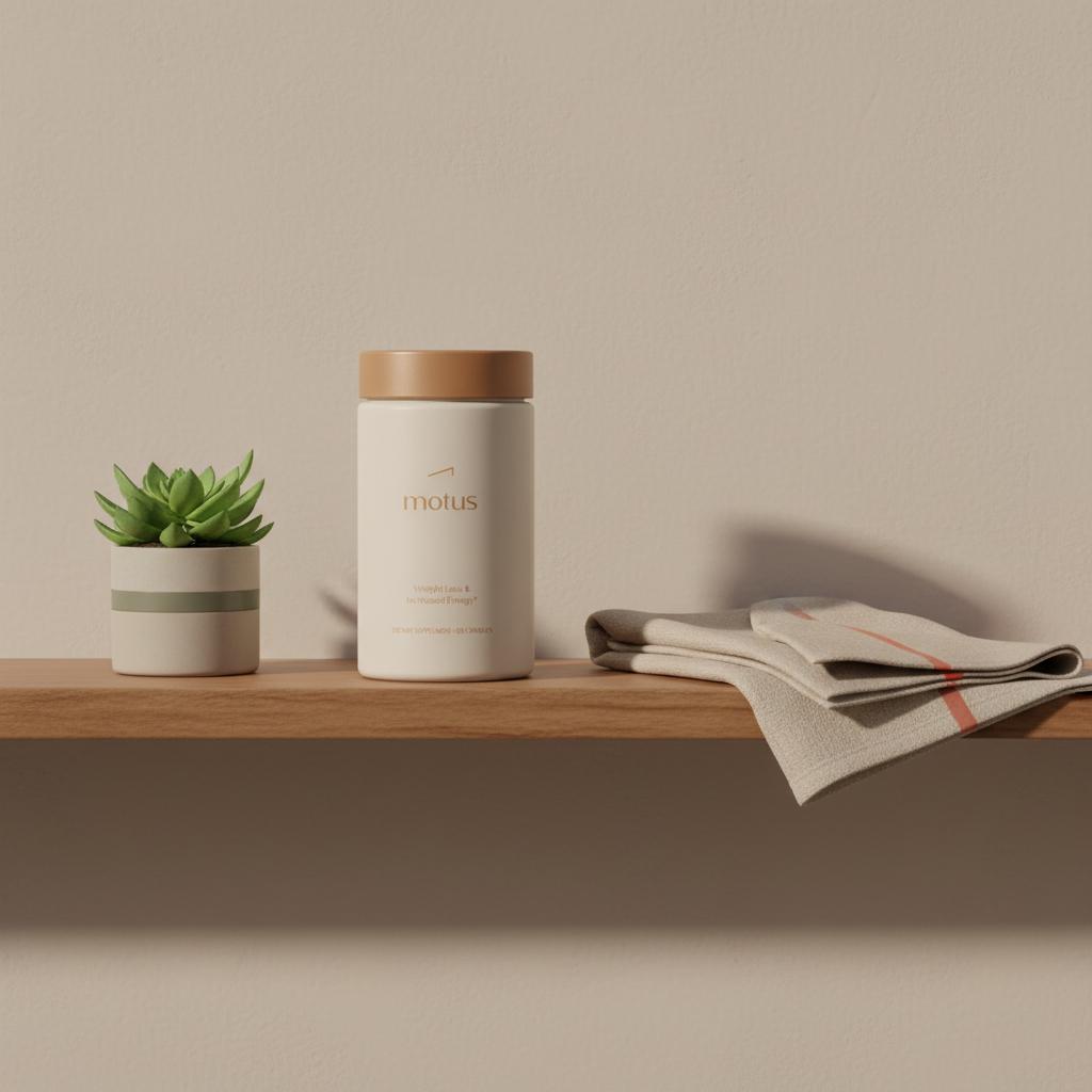 Motus supplement container on a tidy bathroom shelf with plant and folded towel in soft clinical-warm light and shallow depth; best appetite suppressant medication