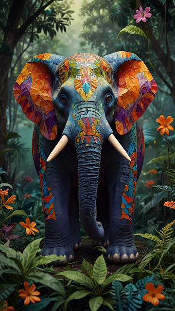 Mosaic Elephant Portrait in Lush Jungle Fantasy Art - Free mobile Wallpaper