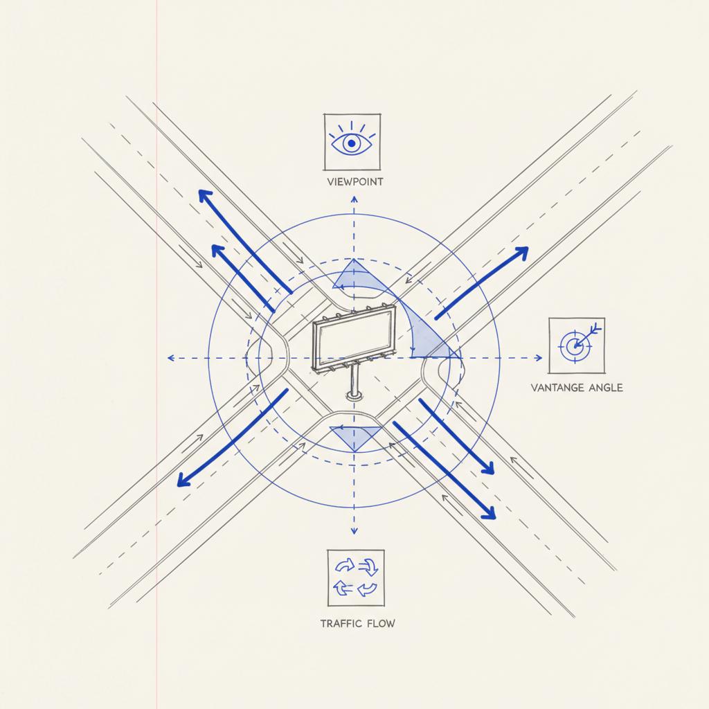 Notebook-style street-corner map sketch highlighting a billboard location with commuter flow arrows, sightlines and viewing-distance arcs for billboard advertising.