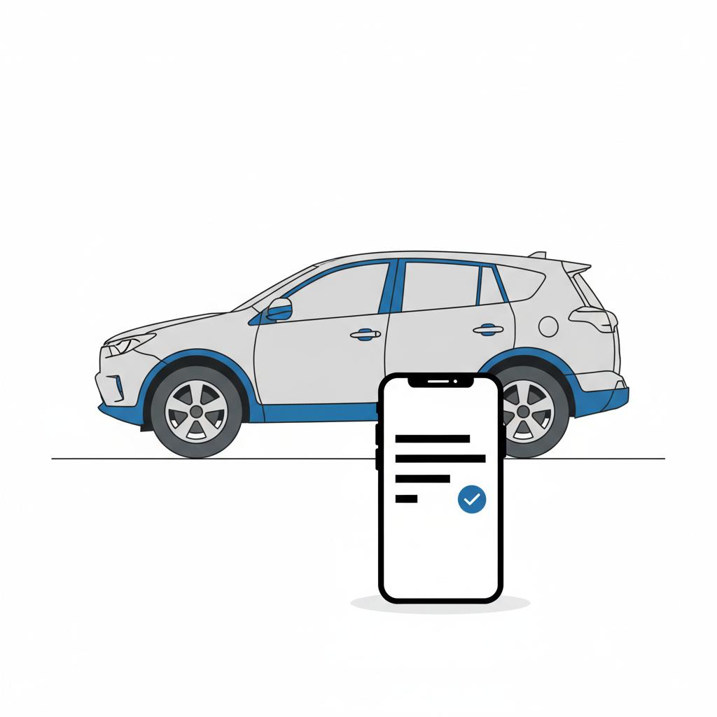 Minimalist vector of a smartphone showing a VIN check in the foreground with a used Toyota RAV4 parked at a dealership lot in the background toyota rav 4 for sale