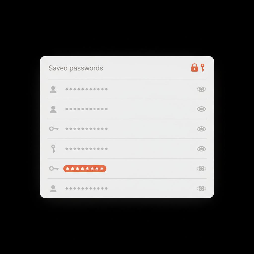 Flat-vector desktop password panel showing blurred saved passwords rows with eye icon and orange accent, soft grey panels on black background