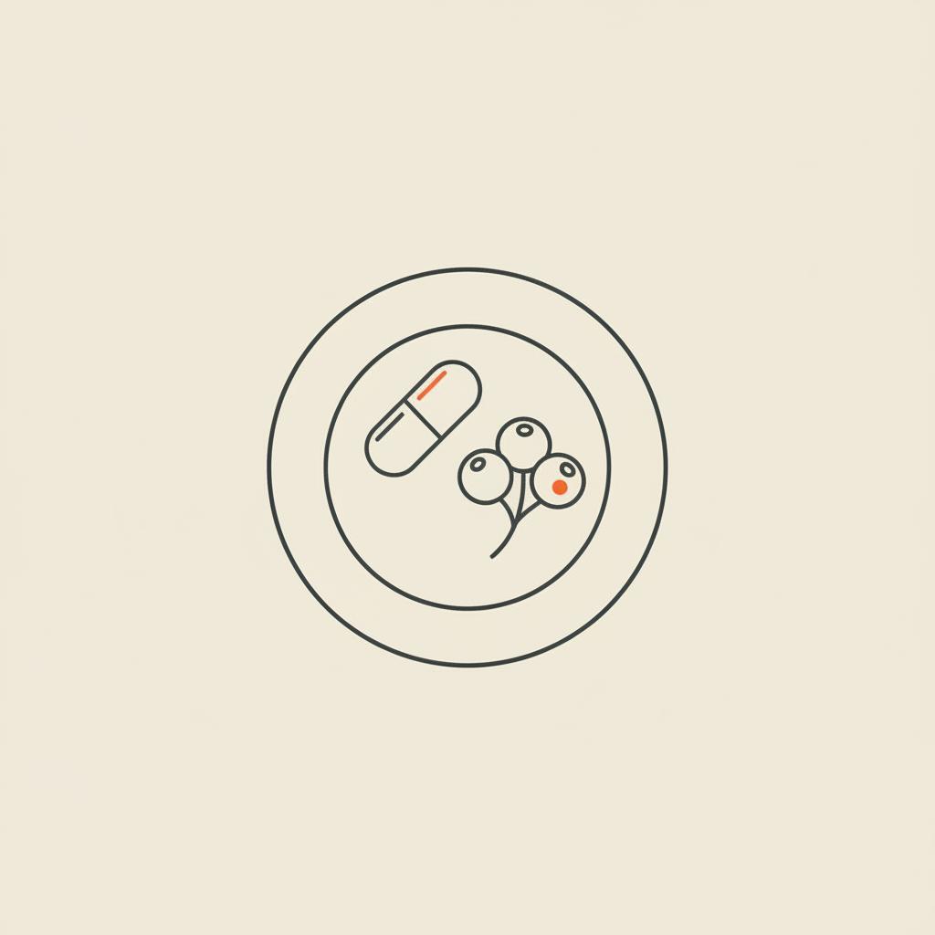 Minimalist vector line illustration of a capsule, small berry cluster and simple plate on beige background representing best supplement for sugar cravings