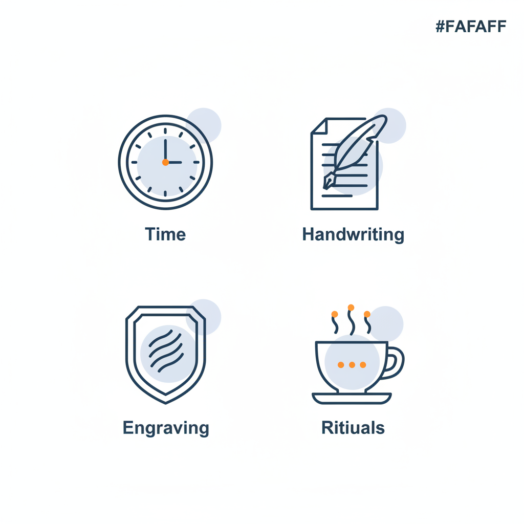 Minimalistische 2D-Infografik mit vier Icons (Zeit, Handschrift, Gravur, Rituale) in Steelmonks-Farben auf hellem Hintergrund — wie mache ich meiner partnerin eine freude