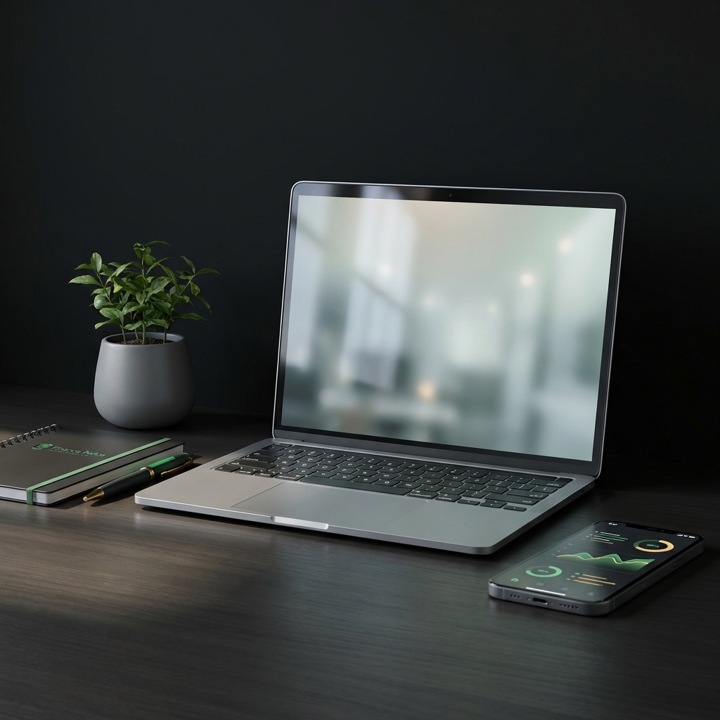 Close up minimalist home workspace with laptop phone showing analytics charts and small plant using Finance Police brand accents representing the highest paid side hustle
