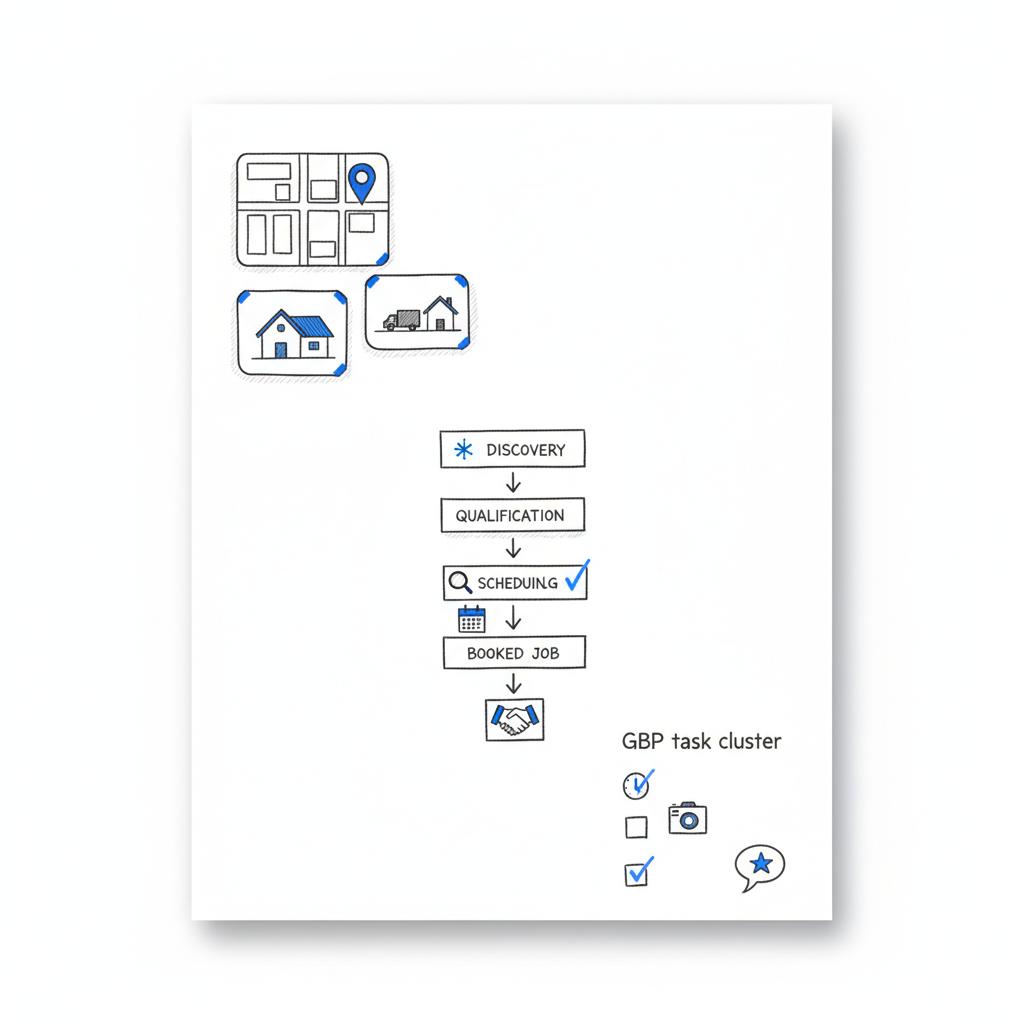 Notebook-style sketch of a neighborhood map with a blue location pin, job photo thumbnails and annotated GBP checkboxes illustrating contractor lead generation.