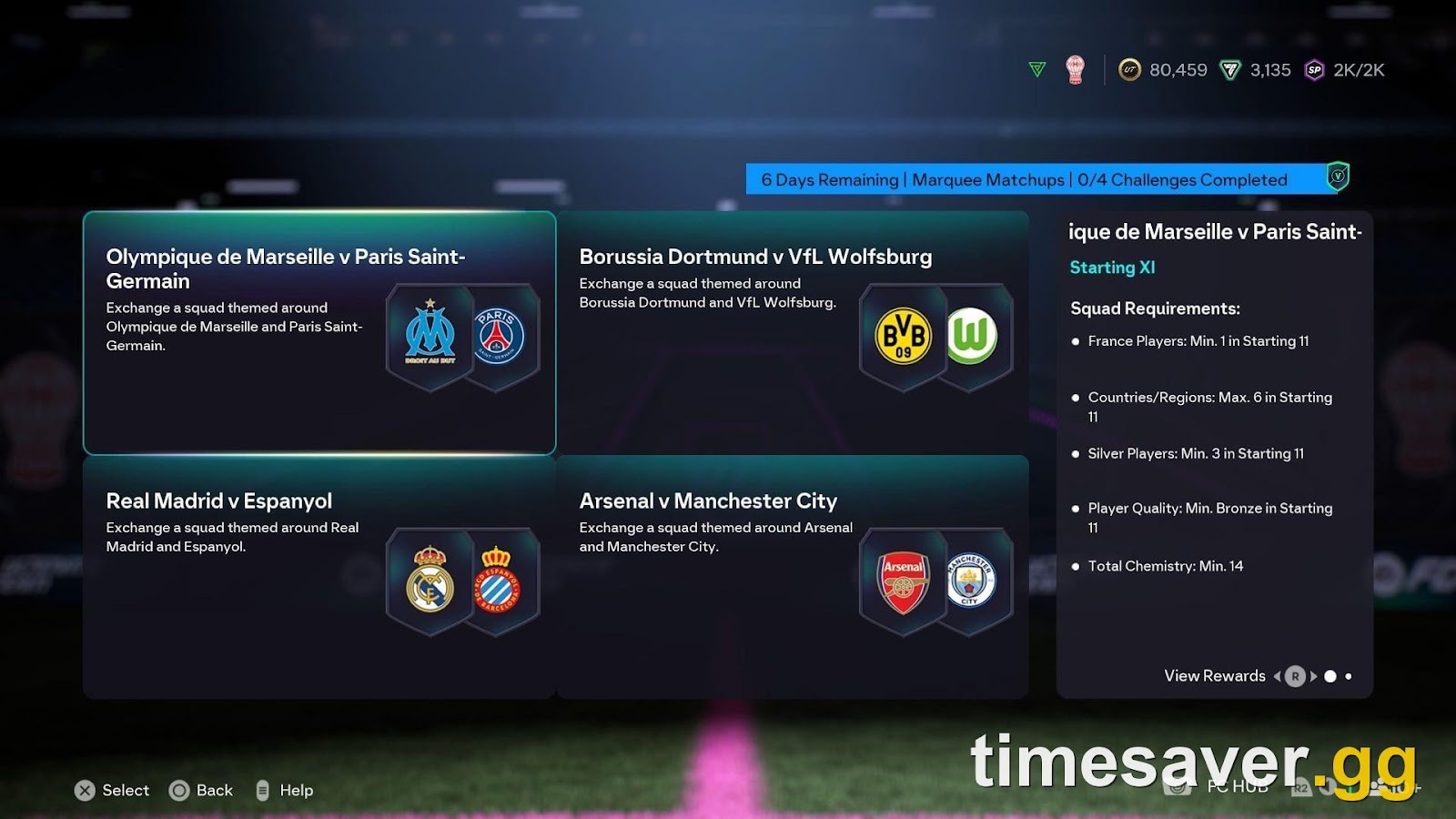 EA FC 26 Marquee Matchups SBC challenge board showing four challenges with squad requirements
