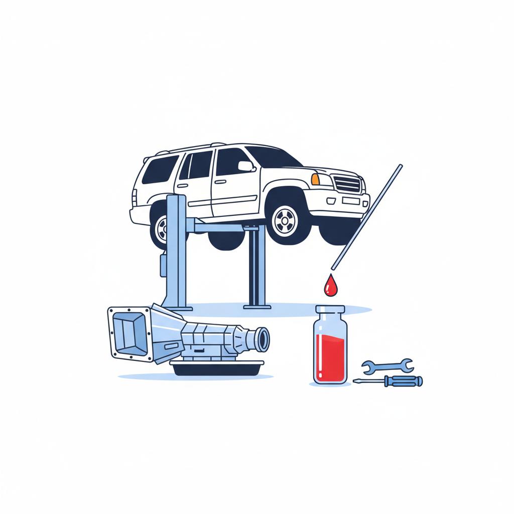Minimalist 2D vector of a lifted full size SUV with open transmission pan and clear red fluid sample no people focused on transmission inspection used chevy tahoe for sale