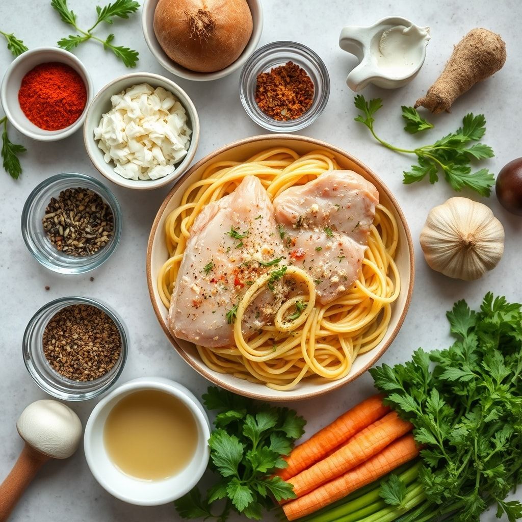 Ingredients for Creamy Garlic Parmesan Chicken Pasta—Easy One-Pot Comfort