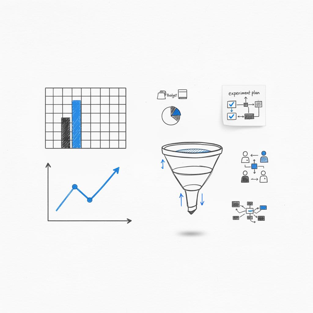 Flat-lay 2D vector workspace with printed analytics charts, pencil funnel sketch and sticky-note experiment plan on white background for Google ranking expert strategy