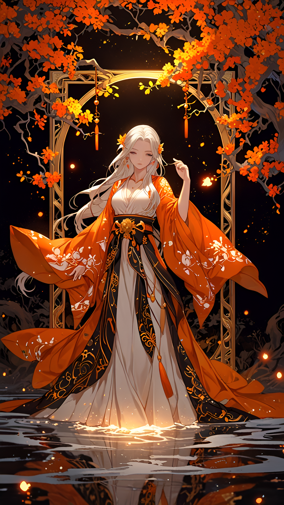 Fantasy Woman in Flowing Orange Kimono Beneath Autumn Tree - Free 4K mobile Wallpaper
