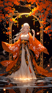 Fantasy Woman in Flowing Orange Kimono Beneath Autumn Tree