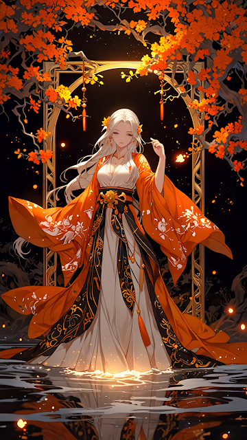 Fantasy Woman in Flowing Orange Kimono Beneath Autumn Tree - Free mobile Wallpaper