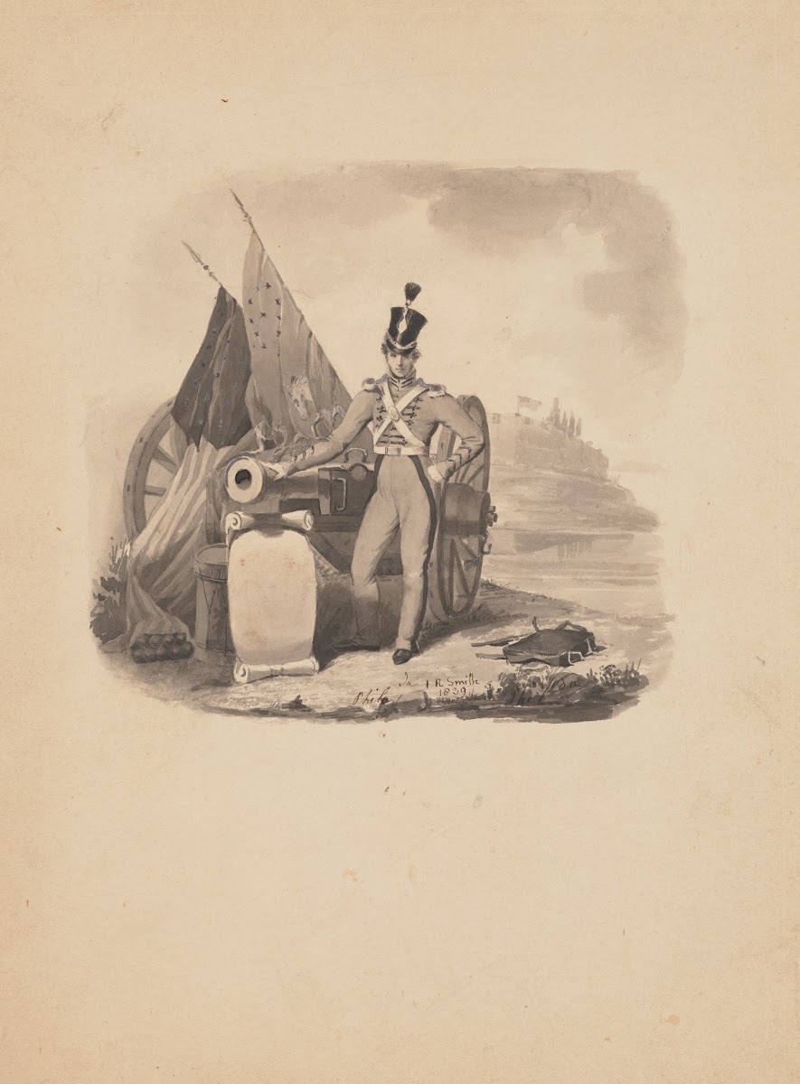 Vignette of a soldier leaning on ordnance with fortifications in distant backgro