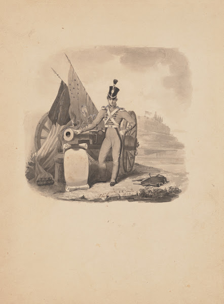 Vignette of a soldier leaning on ordnance with fortifications in distant backgro