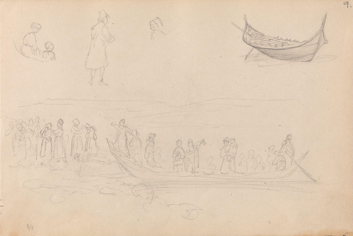 Figurstudier båt båtpassasjerer som går i land 1852