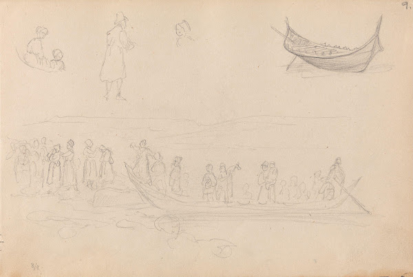 Figurstudier båt båtpassasjerer som går i land 1852