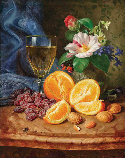 Still Life with Oranges a Wine Glass and Camellias in a Vase