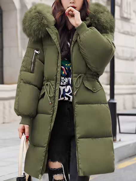 Padded women's winter jacket, mid-length, with fur collar
