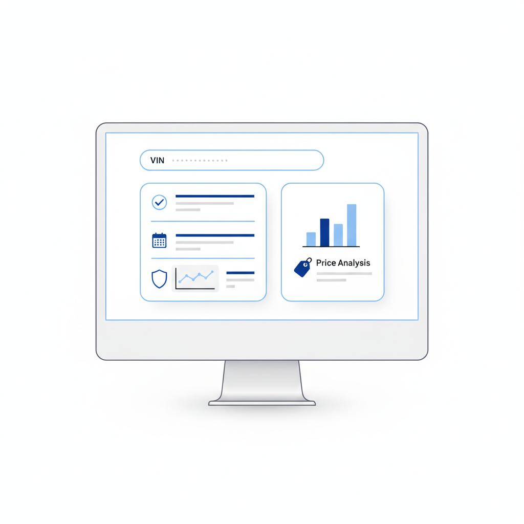 Minimal vector dealer computer screen with VIN entry field and summarized vehicle history and price analysis panels in CarFax Deals blue and white showing porsche cayenne for sale