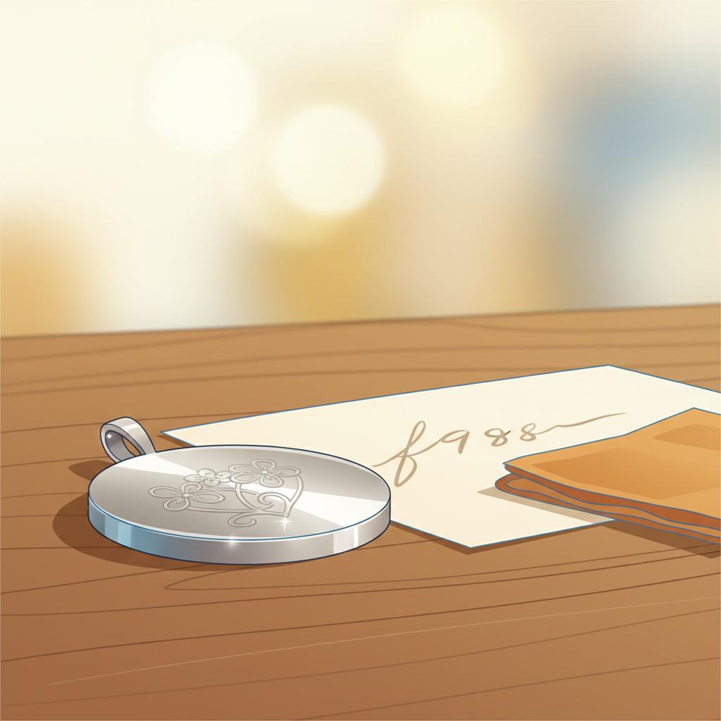 Nahaufnahme eines gravierten Metallanhängers auf Holztisch neben handgeschriebenem Brief und Stofffetzen – warme 2D-Vektor-Illustration, geschenkideen für eltern