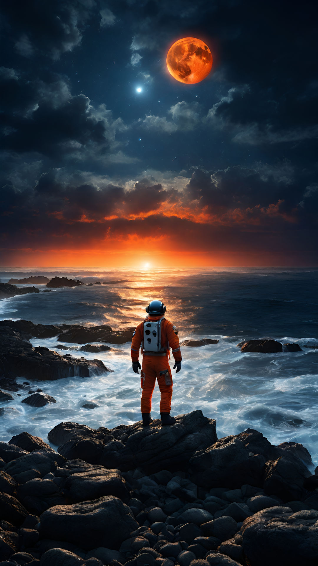 Astronaut Explorer on Rocky Coastline Under Red Moon Sunset - Free 4K mobile Wallpaper