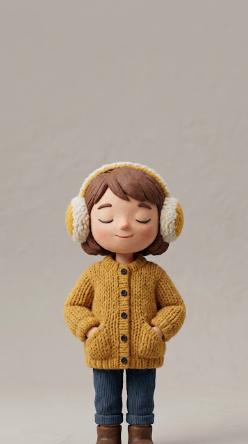 Claymation Girl in Yellow Jacket with Fluffy Earmuffs Wallpaper - Free mobile Wallpaper