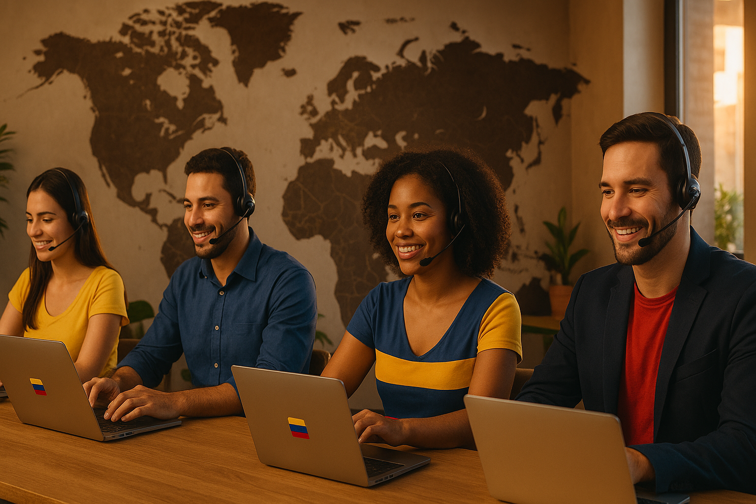 Venezolanos atendiendo clientes en un coworking global con auriculares