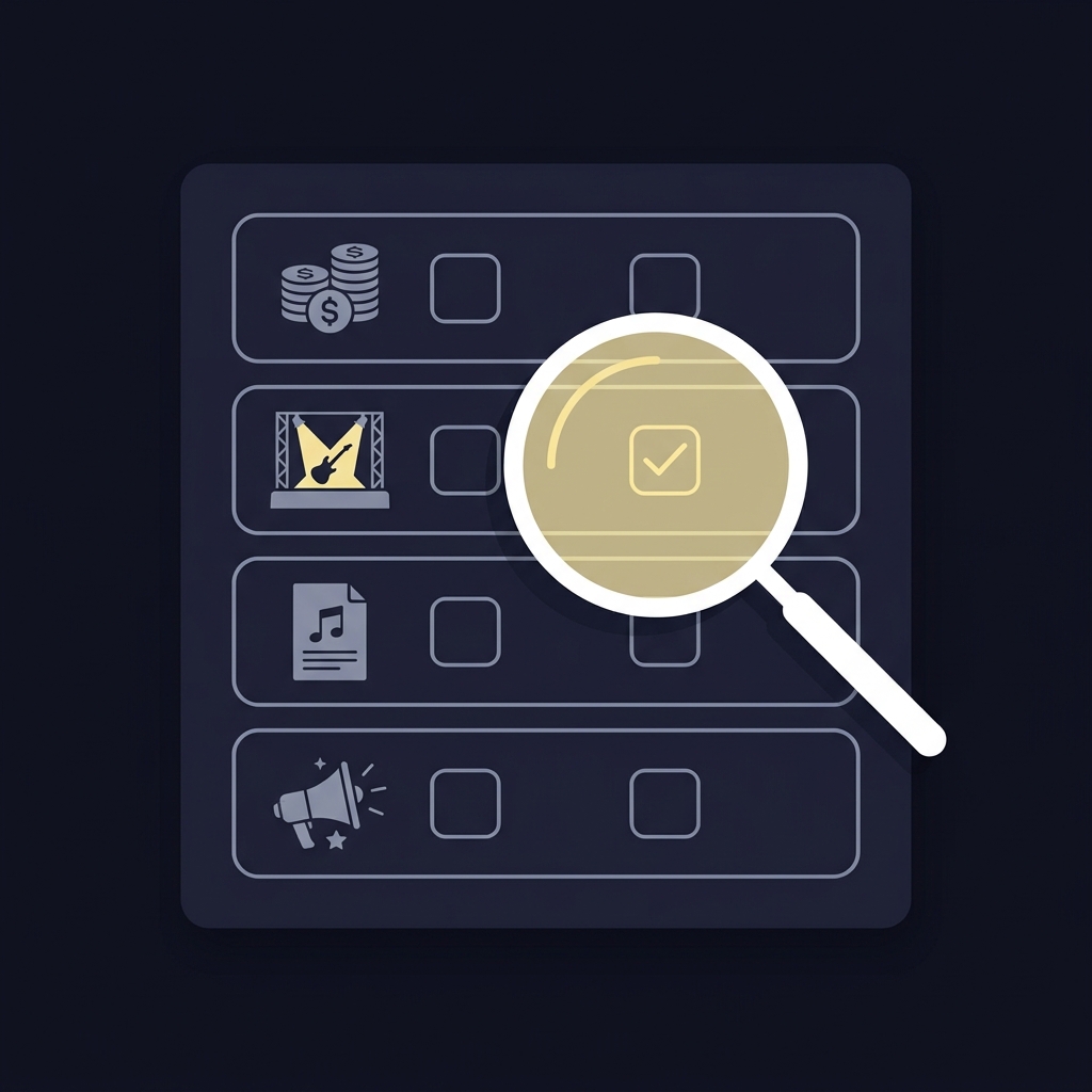 Minimalist 2D vector checklist with magnifying glass highlighting royalties touring publishing and endorsements on a Funded Plays style dark background american idol odds