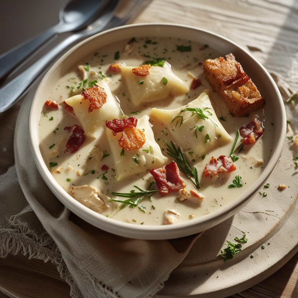 Creamy Pierogi Chicken Soup with Rosemary Bacon Bliss - Easy Comfort Food finished