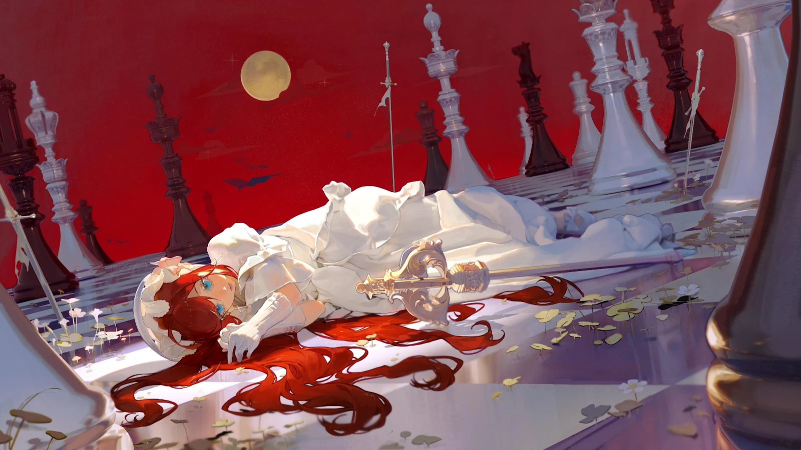 Red Haired Girl on Chessboard - Digital Illustration 4K Wallpaper (4800x2700)
