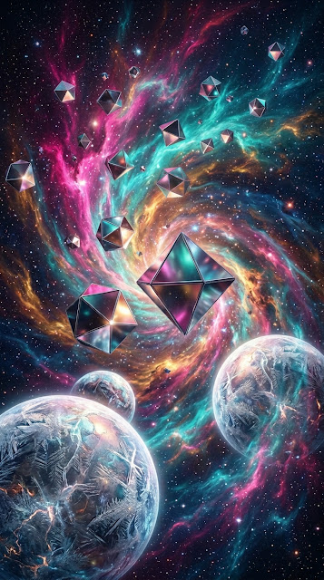Surreal Universe with Floating Metallic Octahedrons and Nebulae - Free mobile Wallpaper