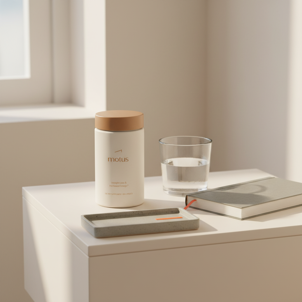 Minimal bedside table with Tonum Motus jar beside water and a slim journal in soft morning light, evoking a calm health routine — most effective weight loss drug